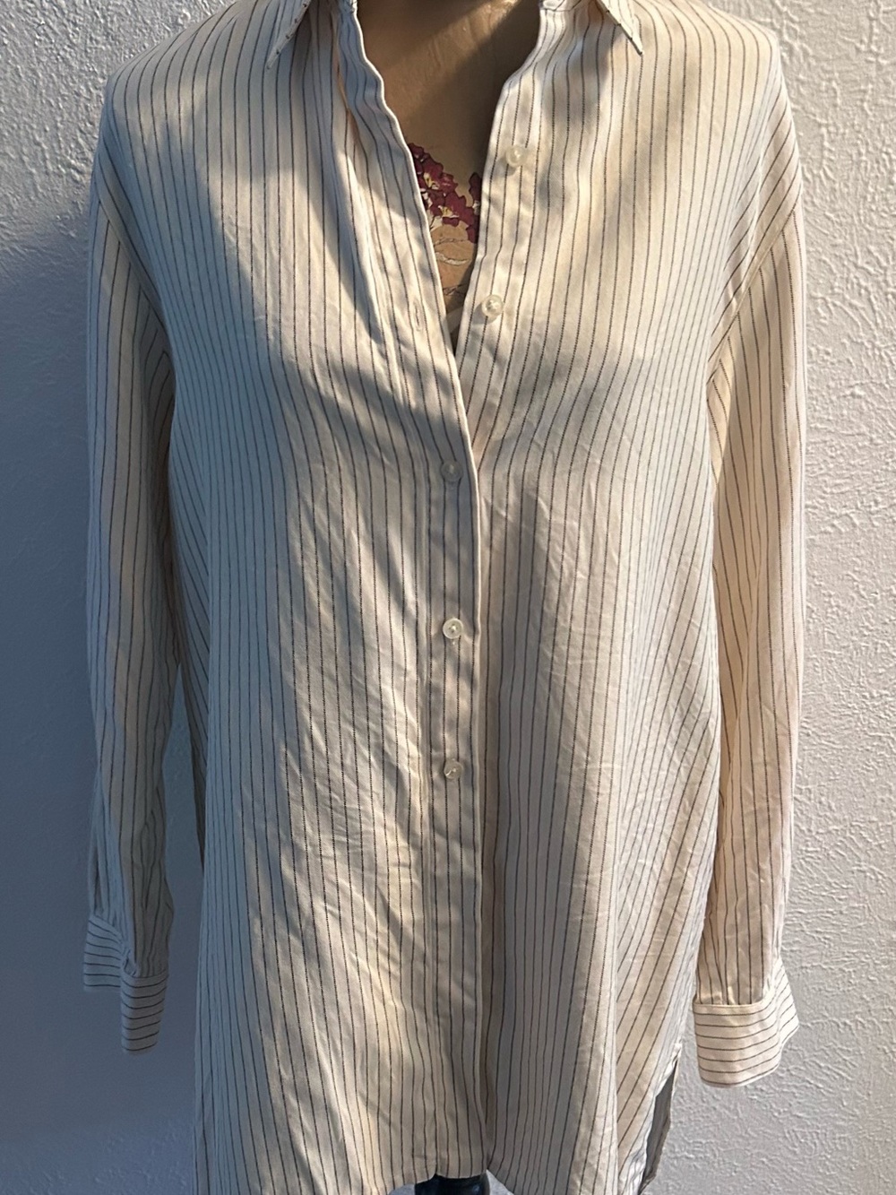 Ralph Lauren 100% silk Women's Cream and Navy Striped Button-Down Shirt